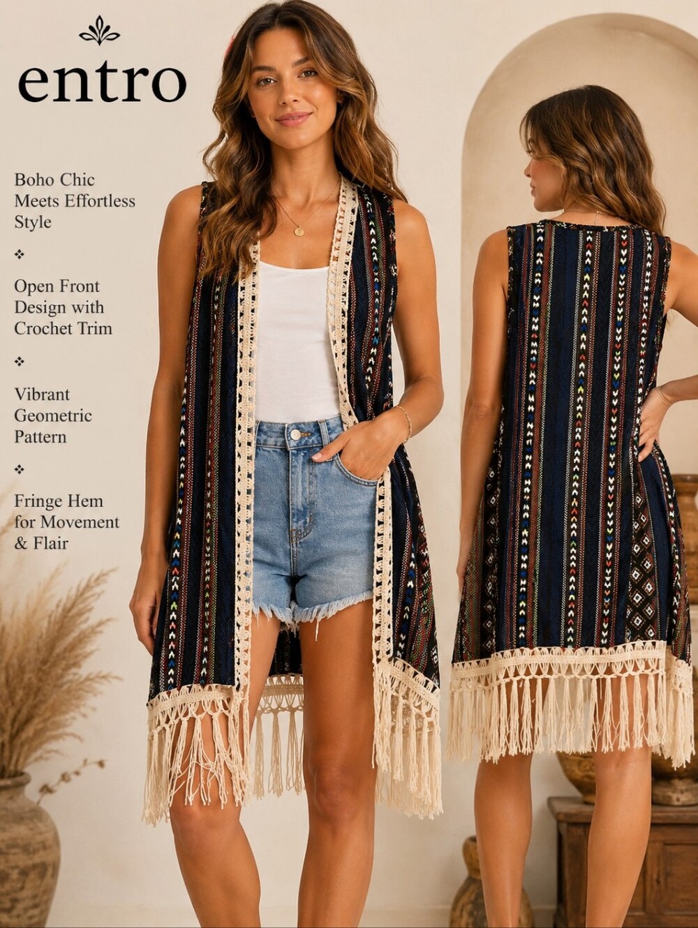 Entro Boho Aztec Tribal Print Fringe Vest Navy Multicolor Crochet Trim Size L